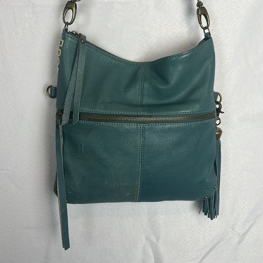 Lucky Brand Teal Leather Foldover Crossbody Hobo Bag Boho Fringe Distressed - Picture 11 of 15